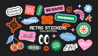 Futuristic y2k patches, labels, tags, stickers, bracelet stamps in retro style. Cartoon stickers in funky hipster groovy grunge 90s style. Vector set, trendy promo labels © Limpreom