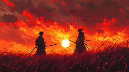 Obraz premium Epic Samurai Duel at Sunset Anime Illustration