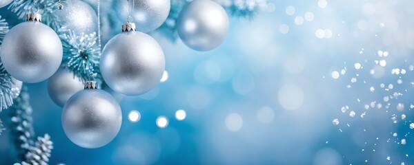 Silver Christmas ornaments hanging from a snowy blue tree with sparkling lights during the festive holiday season
