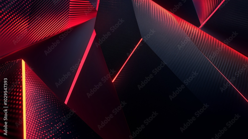 Poster abstract geometric patterns illuminated by vibrant red lights creating a striking visual effect in a