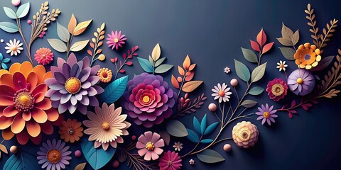 Obraz premium Paper cut art style illustration of flowers on dark background with depth of field