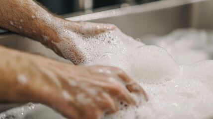 Fototapeta premium Close-up of hands scrubbing pint glasses in a soapy sink during a pub’s cleanup shift photo