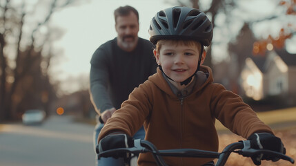 Obraz premium Boy learning to ride a bike on a quiet suburban street, wearing a helmet and pads, with his father holding the seat for balance photo