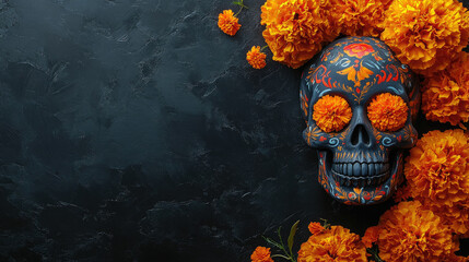 traditional mexican painted skull with marigolds instead of eyes on black background, day of the dead, halloween, october 31, national holiday, dead man, skeleton, día de los muertos, november 1