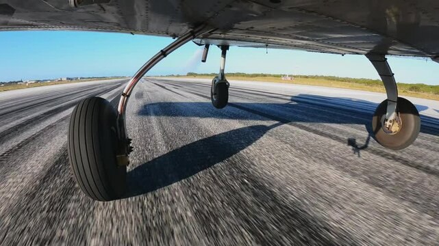 Light three wheels airplane performs take off for a training flight. Smooth lift off and slow climb. View from the bottom of aircraft.