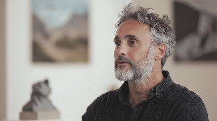 Portrait of an artist being interviewed in an art gallery, with paintings and sculptures in the background photo