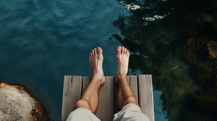 Relaxing by the water's edge on a sunny day with bare feet dangling over a wooden dock next to calm blue waters