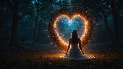 Fantasy scene with a silhouette of woman and heart shape portal made of stars and fire on the cosmic sky, in the forest at night