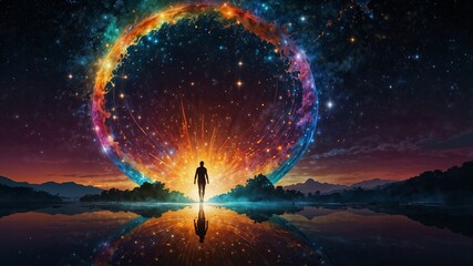 Fantasy scene with a silhouette of person and shining sphere portal made of stars and cosmic energy, beautiful landscape with mountains and water at night