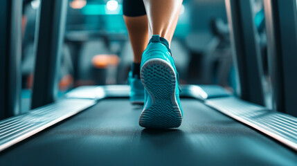 person running on treadmill, focused on their fitness goals, showcases determination and commitment to health. vibrant atmosphere of gym enhances motivational experience