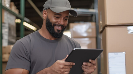 Portrait of a mover guiding a customer through paperwork while holding a tablet with electronic forms photo