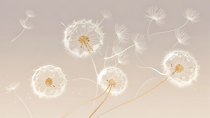 Floating Dandelions Soft dandelion seeds drifting through the air, rendered in pale greys and soft beige against a light pastel background.