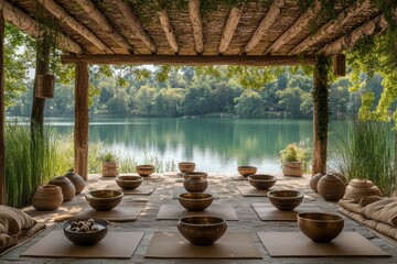 Obraz premium holistic wellness retreat, tranquil sound healing retreat by a peaceful lake, with yoga mats and sound bowls set under a wooden pergola