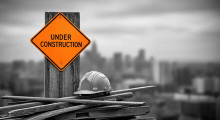 Construction sign under construction with safety helmet and industry materials