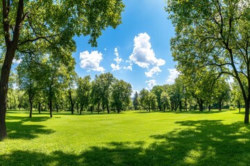 The blue sky and grass of a beautiful park under the green trees