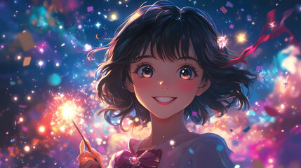 Magical Girl in Colorful Fantasy World Shojo Anime Illustration