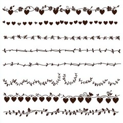 Wedding invitation set with calligraphy floral elements and hearts. Modern ornament with flower silhouette. Dividers and frames.