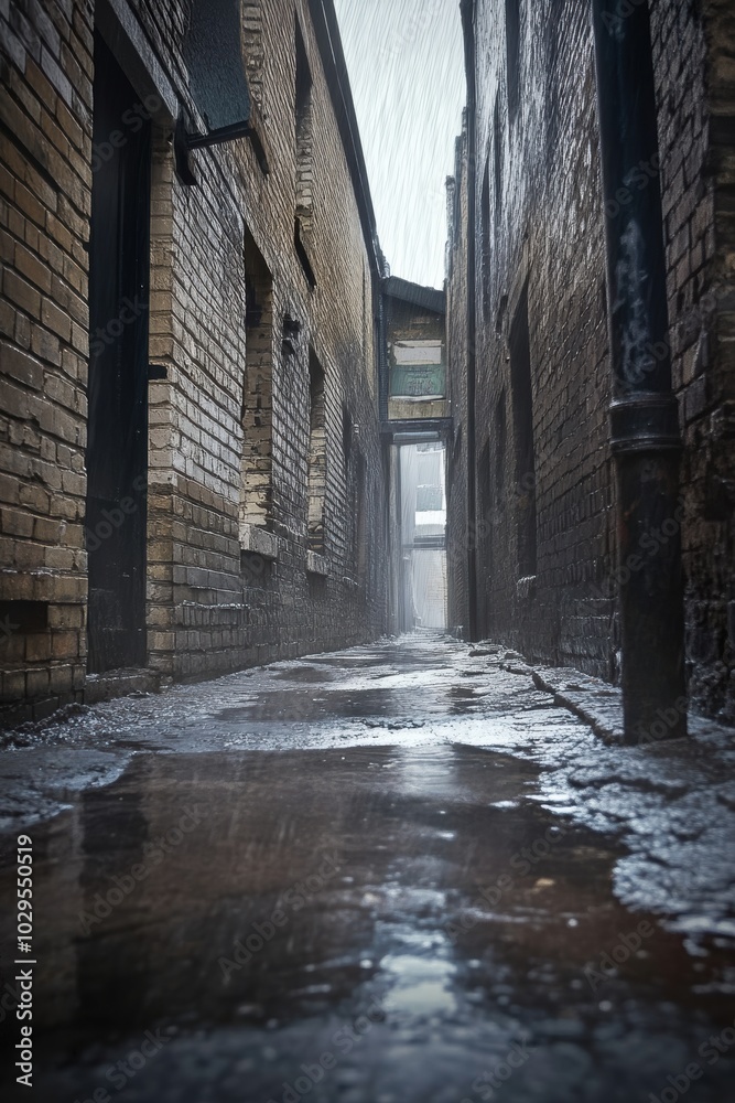 Poster Misty Alleyway: A Rain-soaked Path with Brick Walls and Glimmering Puddles, Ideal for Atmospheric Urban Imagery