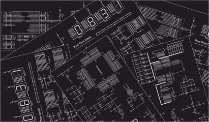 Vector electrical schematic diagram background.
Radio engineering drawings on paper sheets.
Scheme of digital electronic device. Set
of technic computer cad designs.