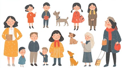 Fototapeta premium This illustration features colorful characters in a simple style. It includes a young family, happy older people, schoolchildren, a boy and girl, and a woman with her dog.