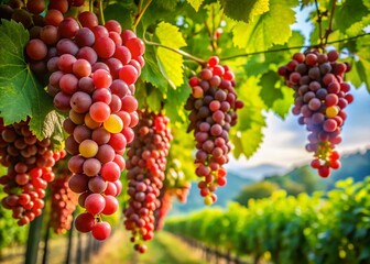 Ripe Red Grapes Hanging Amidst Lush Green Leaves - Panoramic Vineyard Scene