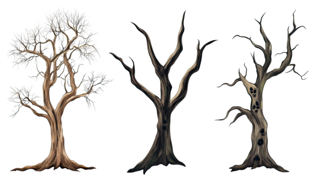 Spooky Set of Bare Trees With Twisted Branches on White Background Generative AI