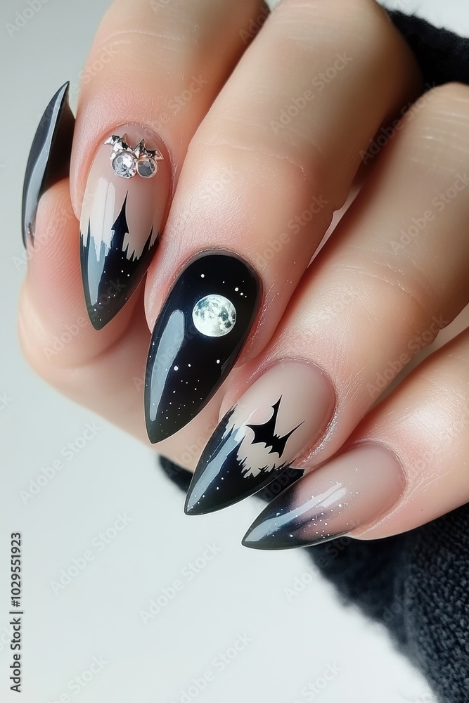 Poster Elegant Black Nail Art with Gothic Elements and Moon Design for Fashion Enthusiasts