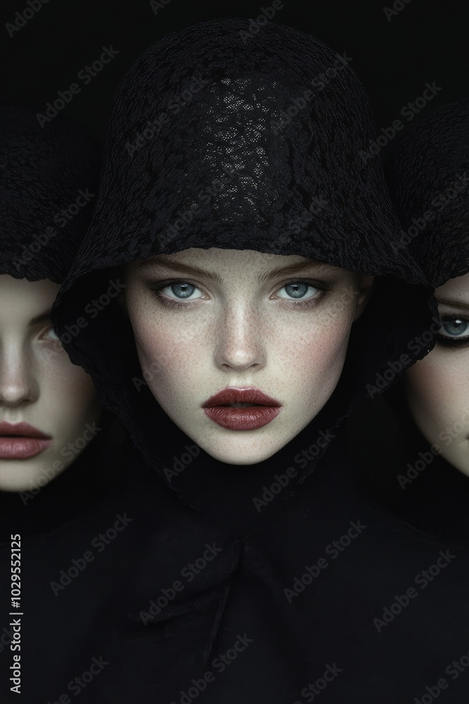 Sticker Dramatic Portrait: Three Women in Black Hoods with Intense Expressions, Perfect for Fashion or Art Projects