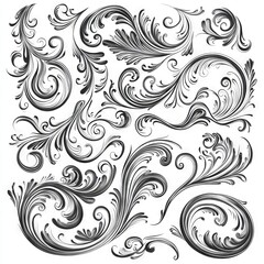 A modern design collection of swirls, curls, and filigree ornaments for wedding invitations and calligraphy decorations.