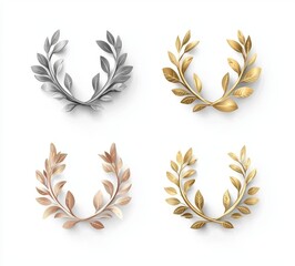 A set of blank 3D rendered illustrated medals in Platinum, Gold, Silver, and Bronze with laurel decoration.