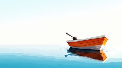 Fototapeta premium An orange and white boat floats on the vast ocean, surrounded by boundless blue waters and a clear sky, suggesting themes of adventure and discovery.