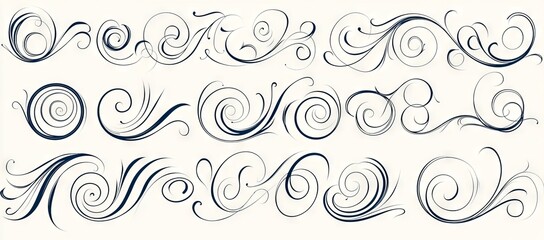 An ornamental set of calligraphic swirls and line flourishes with decorative elements. Use this element for menus, certificates, diplomas, invitations, wedding cards, and outline text dividers.