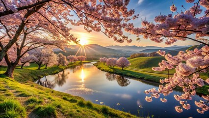 Rosa Kirschbl&uuml;ten Landscape Photography in Blooming Spring Nature Scene