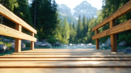 A scenic view of a wooden bridge crossing a clear mountain stream, surrounded by lush green forest and distant snow-capped peaks, under a sunny sky.