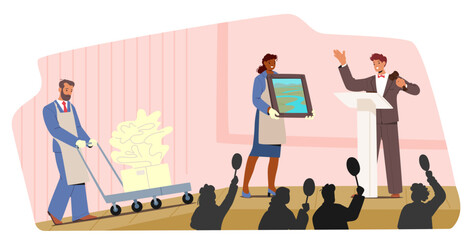 Auction Scene Where A Man In An Apron Pushes A Cart With A Modern Sculpture, While A Woman Holds Up A Framed Painting