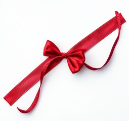 A red satin bow and ribbon are isolated on a white background