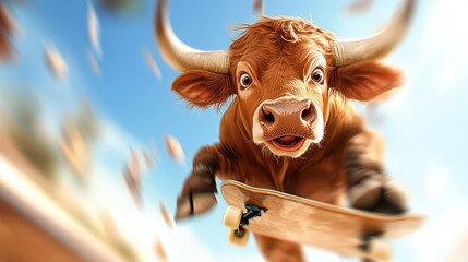 A dynamic, animated bull showcases daring skateboarding skills, capturing motion and excitement with vibrant cinematics, conveying strength and daring spirit.