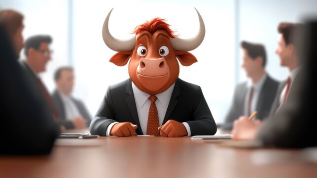 A cartoon bull dressed in a formal business suit, sitting confidently at a meeting table with blurred figures in the background, emphasizing professionalism and focus.