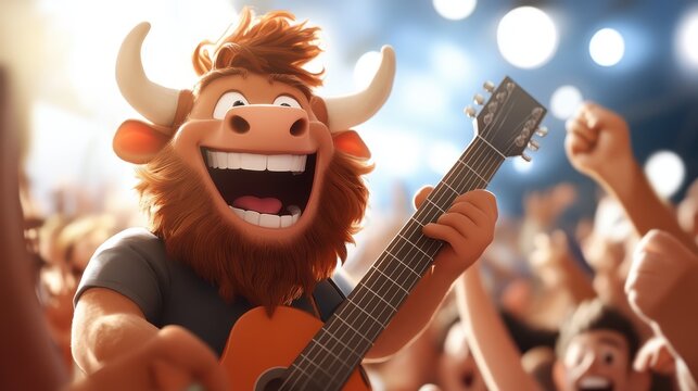A cheerful cartoon bull energetically strums a guitar amidst a lively crowd at a concert, evoking a joyous and animated atmosphere full of excitement.