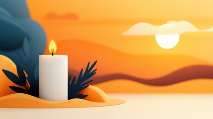 A candle is set amidst an abstract nature illustration with a sunset backdrop, using warm colors to evoke tranquility and contemplation, connecting nature.