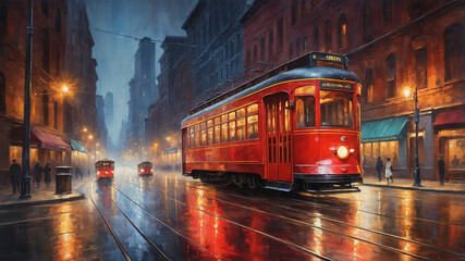 Landscape with early 20th century red streetcar in old city, painted in colors