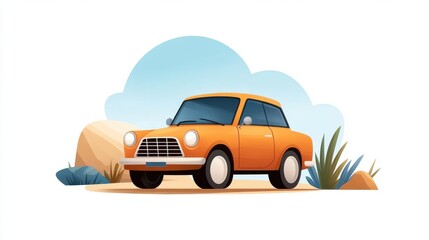 An orange vintage car is parked in a stylized desert scene, featuring rocks and plants with a blue sky in the background. The illustration exudes a retro charm.