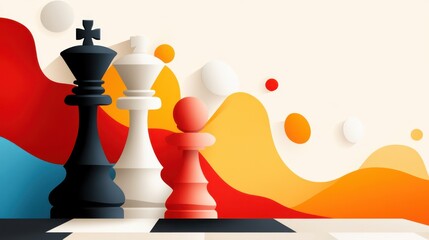 A vibrant image showcasing black and white chess pieces alongside a red pawn, set against a dynamic, multicolored abstract background with wavy patterns.