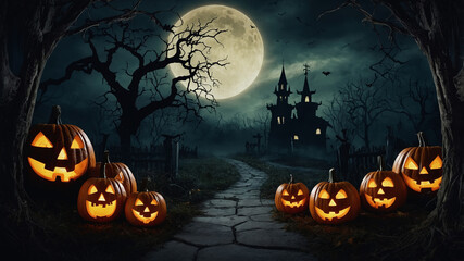 midnight halloween , otherworldly forces on the night of the full moon , halloween paraphernalia.