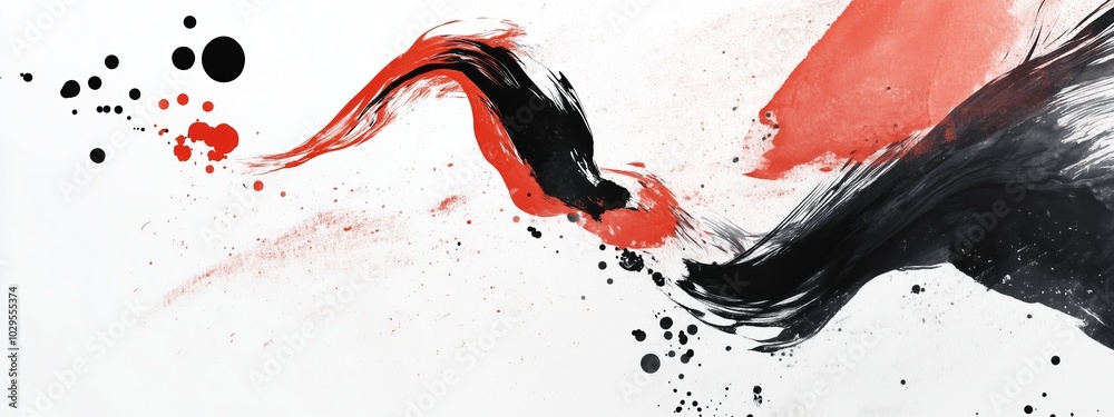 Poster abstract fluid art blending red and black colors with dynamic brush strokes and splashes, creating a