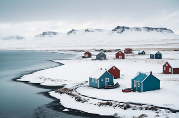 snow-covered ocean coast , beach houses in winter , rugged landscape