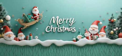 Festive Christmas scene with Santa Claus and elves in a playful winter wonderland