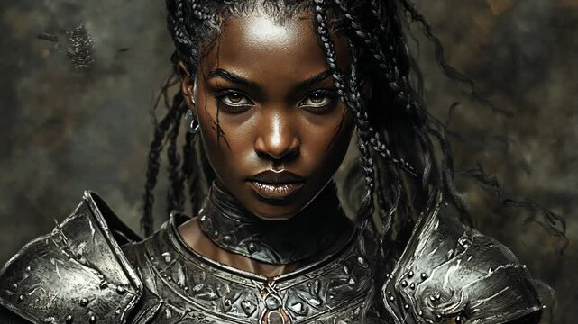 A Black woman warrior wearing armor stands ready for battle, her eyes fixed on the enemy ahead