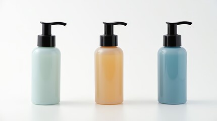 Three pump bottles in varying colors arranged on a clean surface, showcasing options for beauty or personal care products