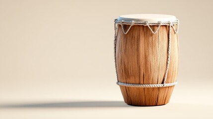 A wooden drum with detailed rope design featured prominently against a simple light background, highlighting traditional craftsmanship and cultural musical heritage.